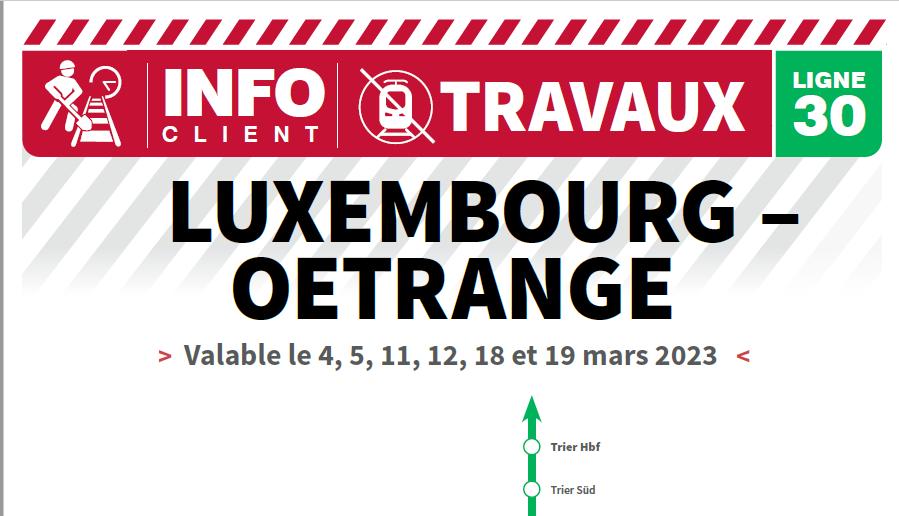 Chantier CFL ligne 30 entre Luxembourg et Oetrange  du 4-5.3.23, 11-12.3.23 et 18-19.3.23.