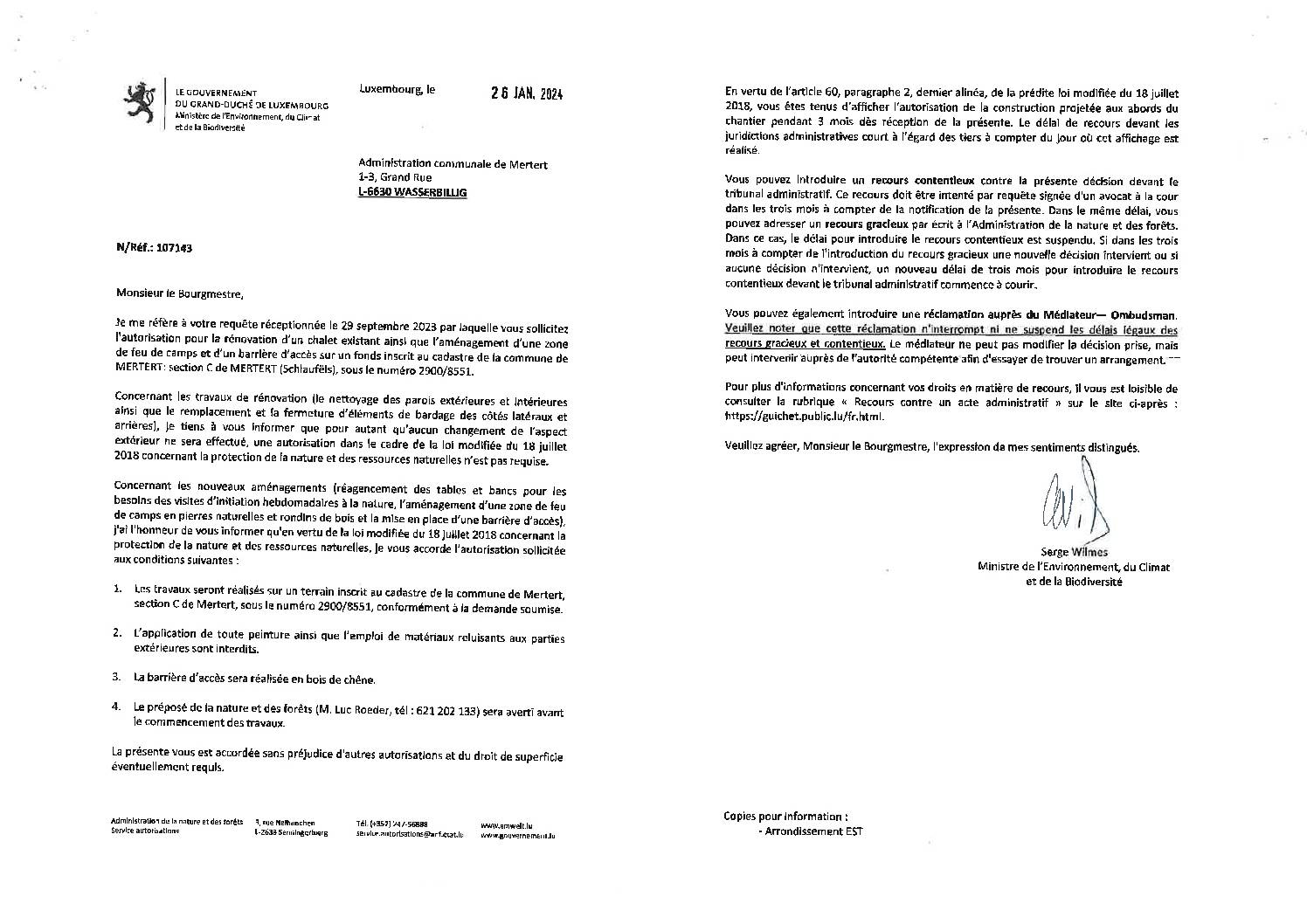 Autorisation pour la rénovation d'un chalet - section C de Mertert (Schlaufëls)