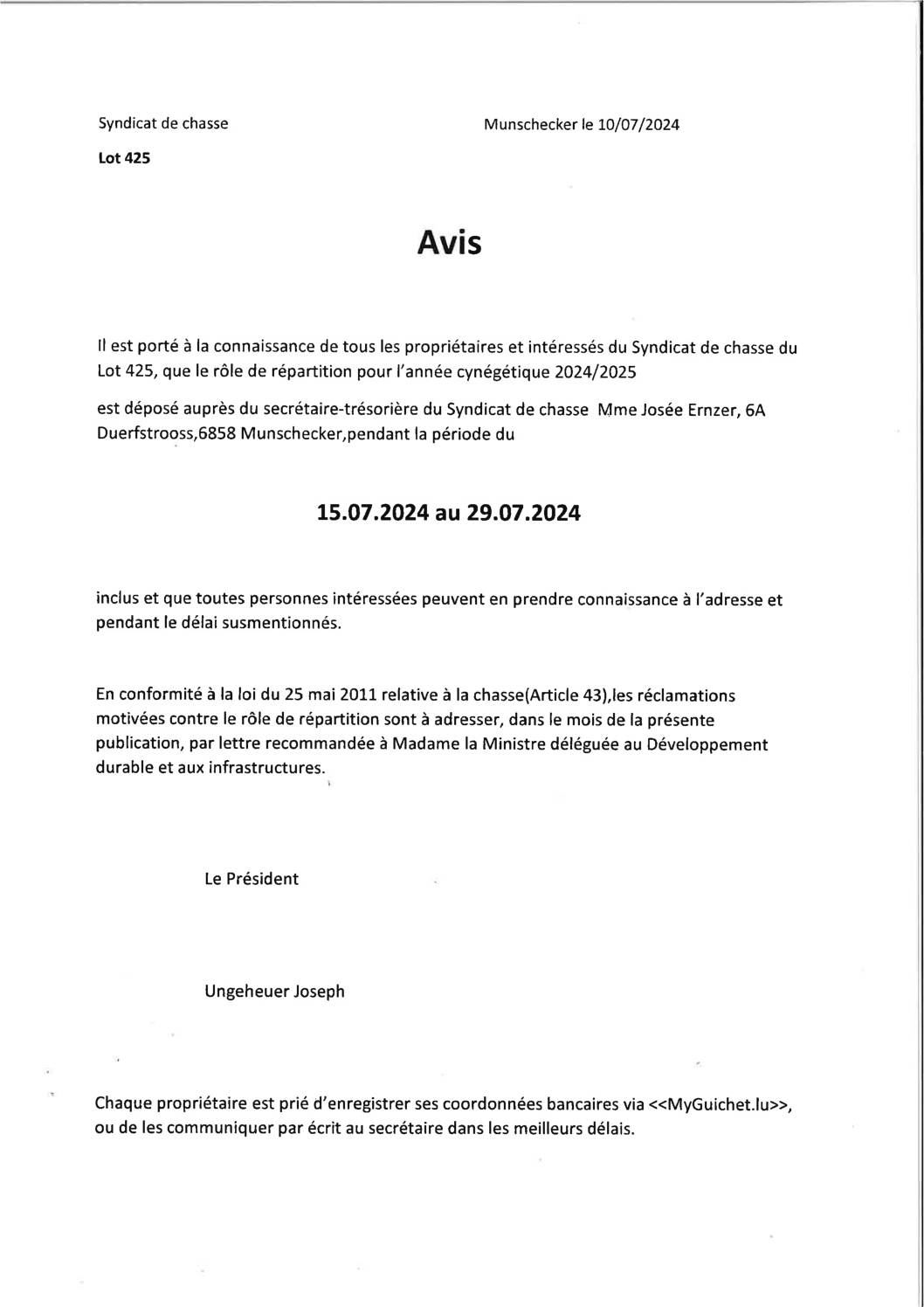 Avis_Syndicat de Chasse Lot 425