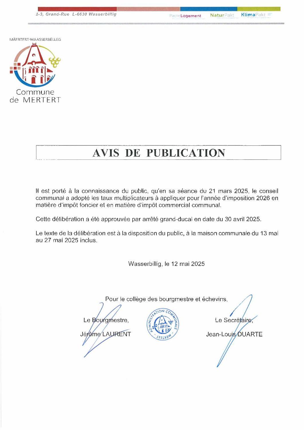 Avis de publication ICC et impôt foncier 2026