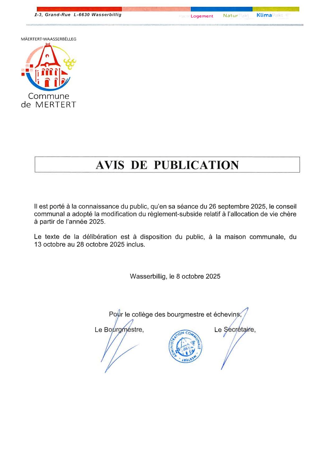 Avis de publication - allocation de vie chère 2025