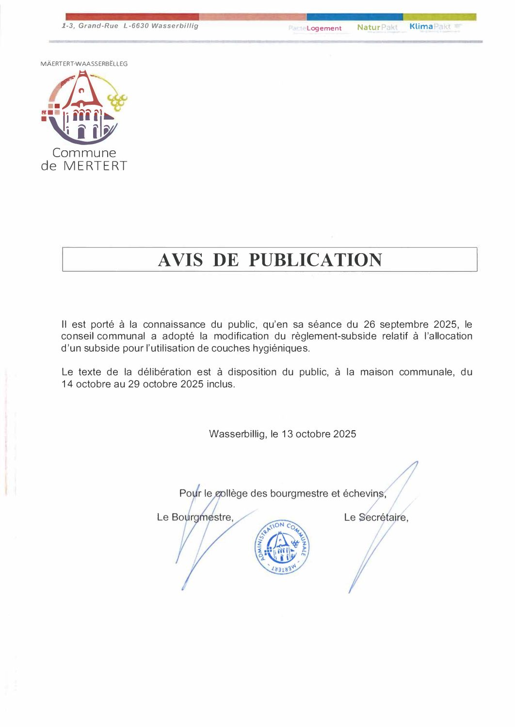 Avis de publication_Allocation d'un subside pour utilisation couches hygiéniques