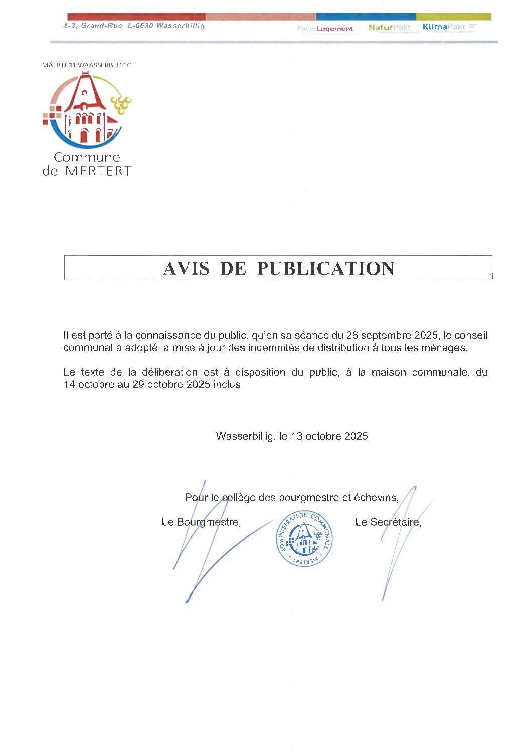Avis de publication_indemnités de distribution à tous les ménages
