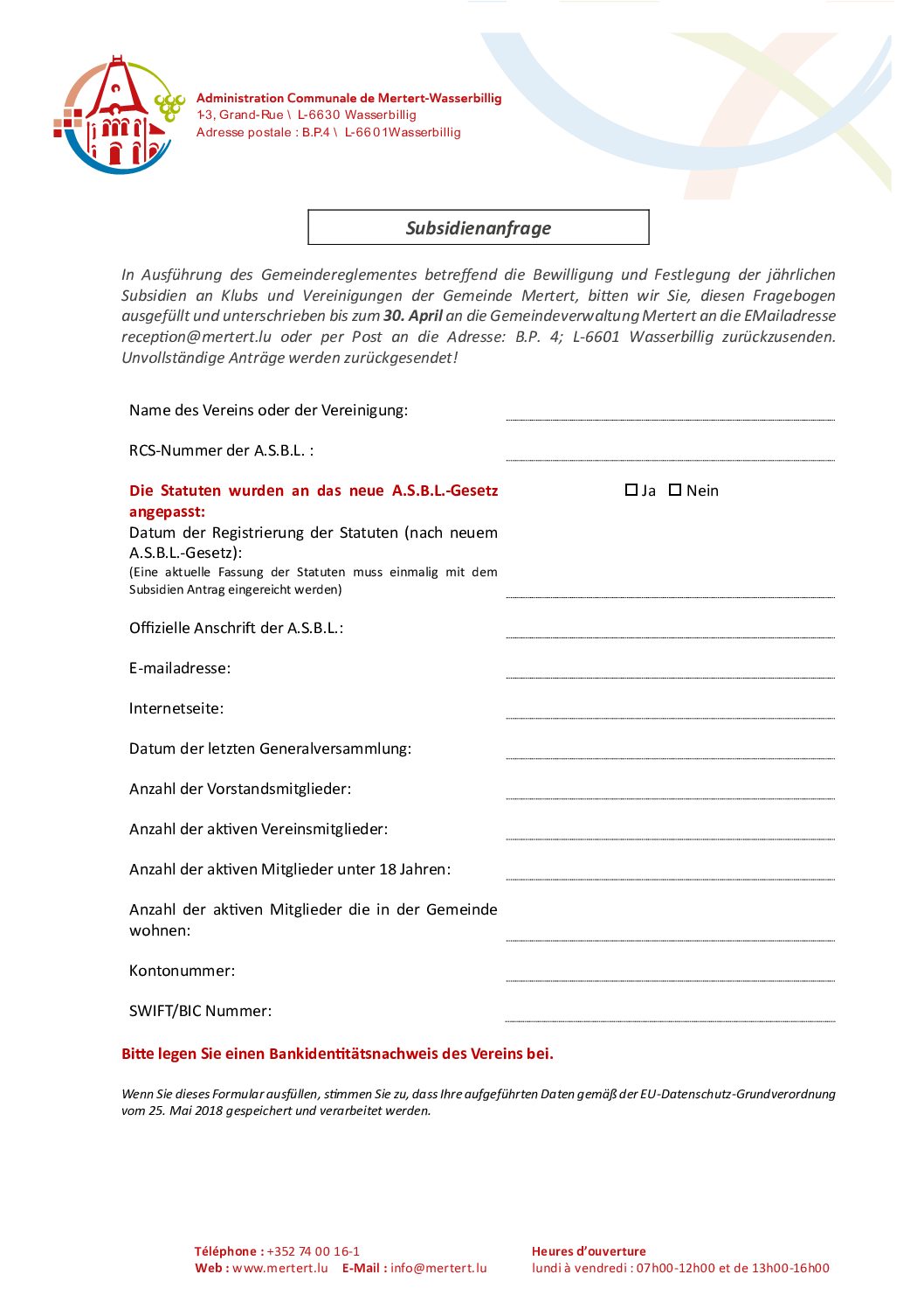 Jährliche Subsidienanfrage für Vereine