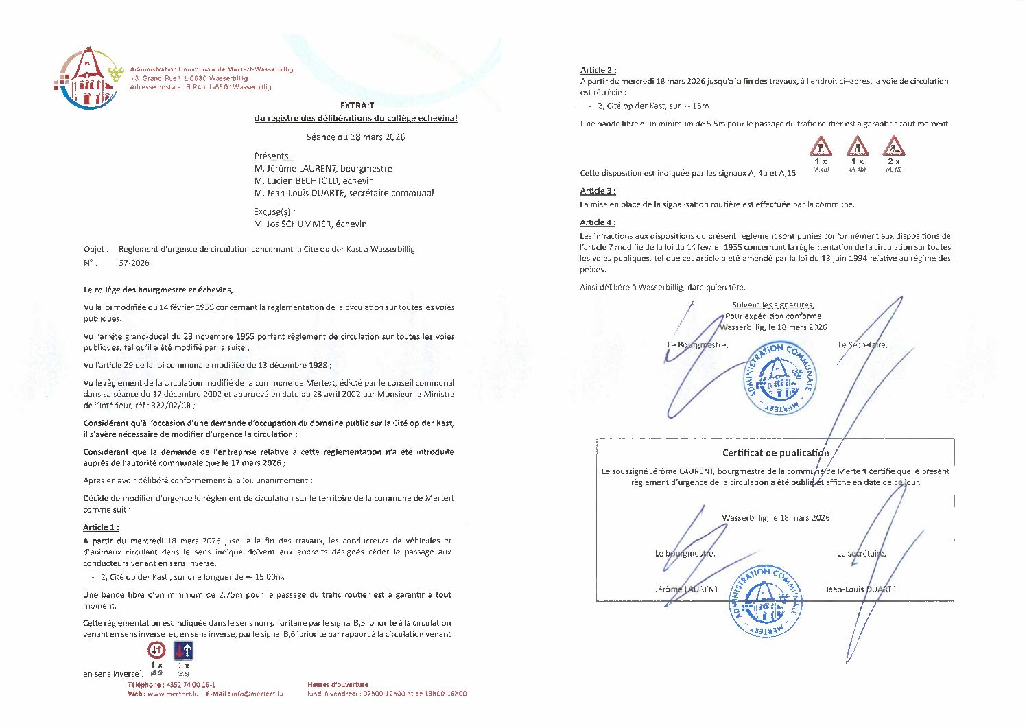 Règ_d'urg.de circ. concernant la Cité op der Kast à Wasserbillig