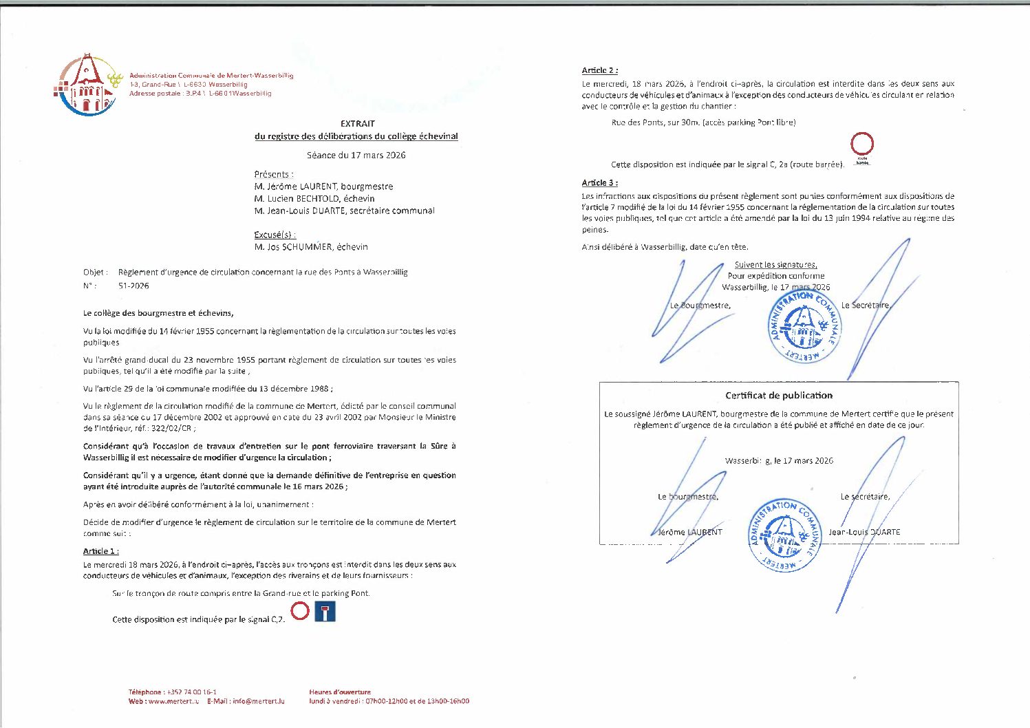 Règ_temp.de circ. concernant la rue des Ponts à Wasserbillig