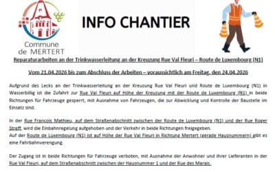 Info Chantier – Travaux de réparation sur la conduite d’eau potable au croisement rue Val Fleuri – route de Luxembourg (N1)