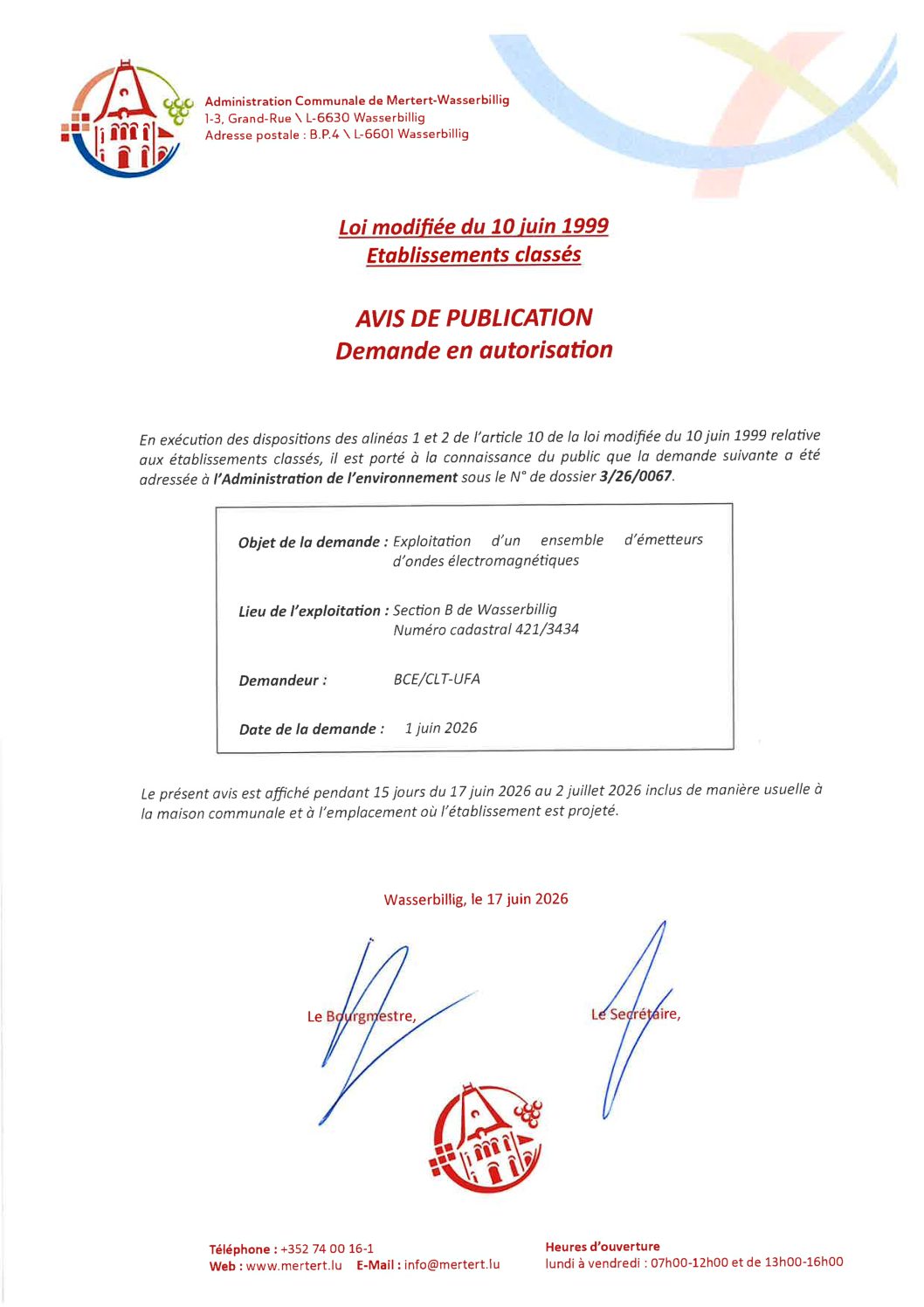 Avis de publication_Section B de Wasserbillig, numéro cadastral 421-3434