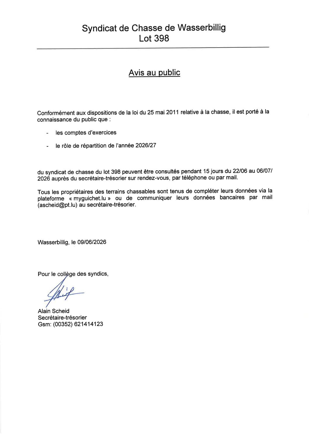 Avis de publication_Syndicat de Chasse de Wasserbillig_Lot 398