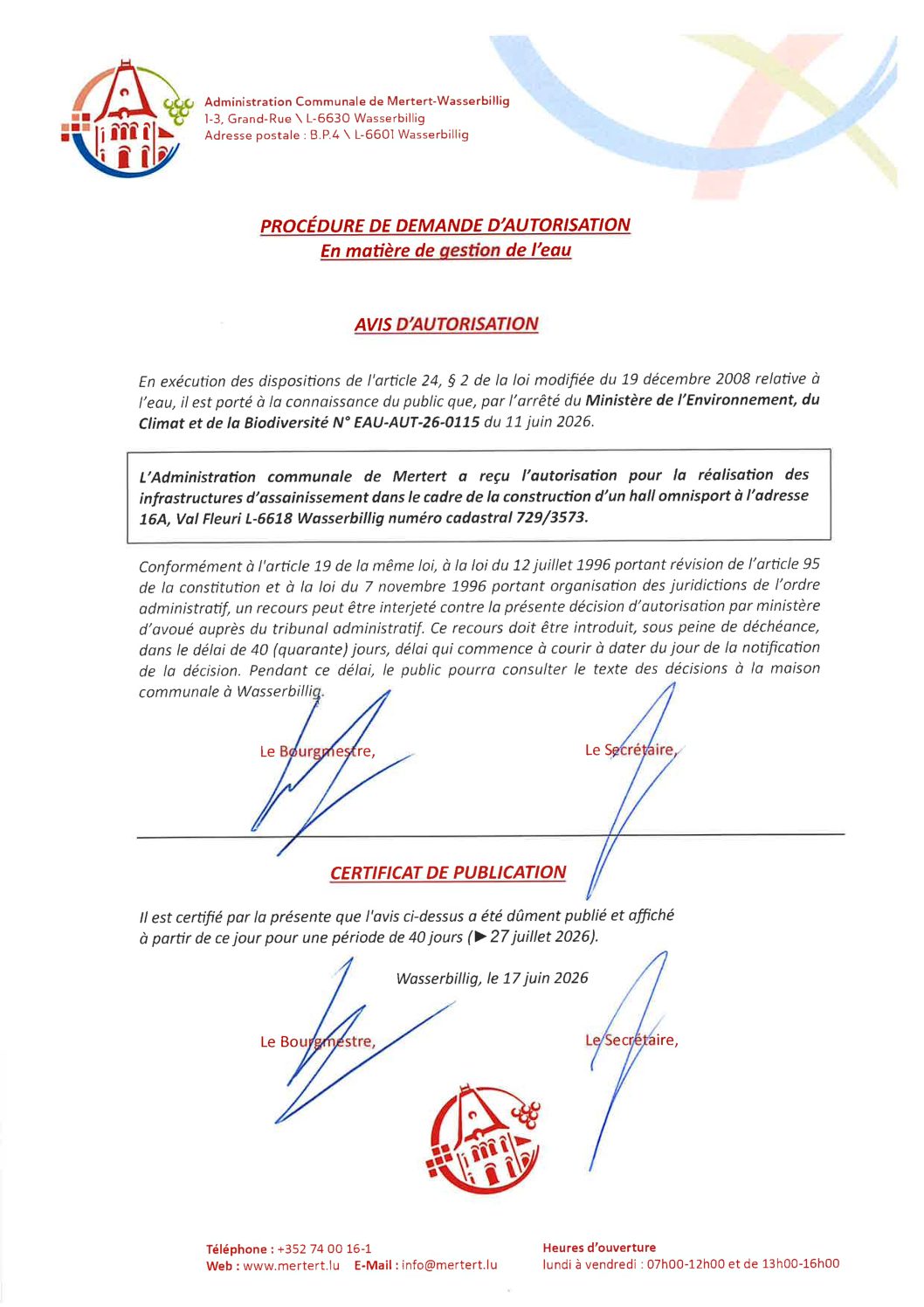 Procédure de demande d'autorisation_16A, Val Fleuri L-6618 Wasserbillig_numéro cadastral 729-3573