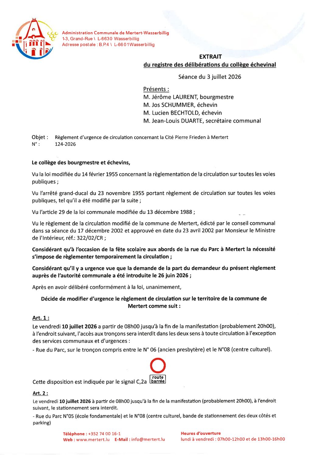 Règ_d'urg. de circ. concernant la Cité Pierre Frieden à Mertert_124-2026