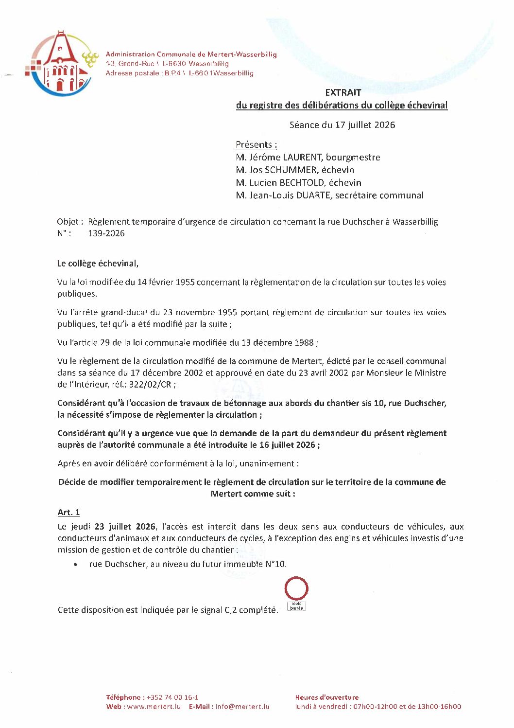 Règ_temp. d'urg. de circ. concernant la rue Duchscher à Wasserbillig_139-2026