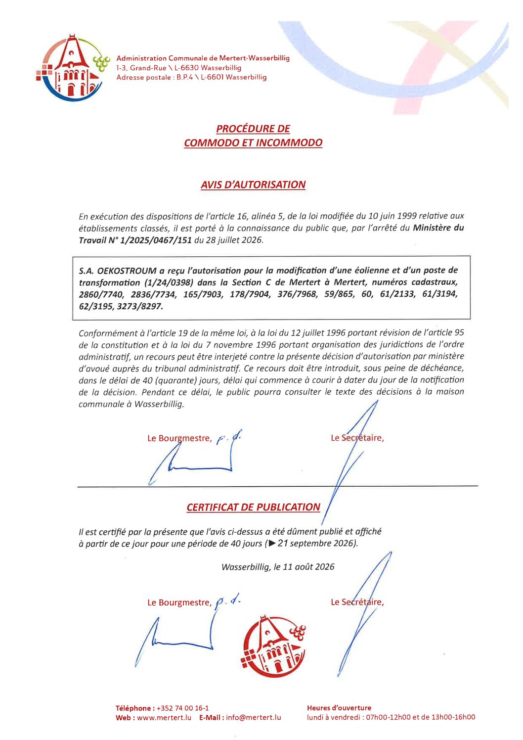 Procédure de Commodo et Incommodo_S.A. OEKOSTROUM dans la Section C de Mertert à Mertert