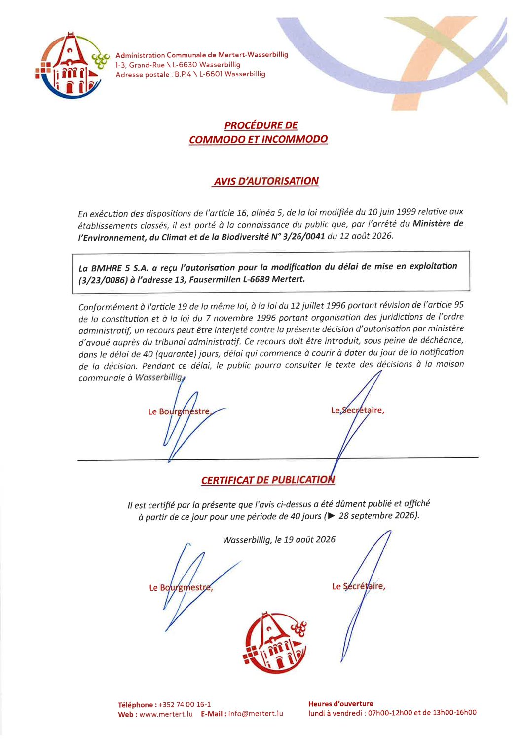 Procédure de commodo et incommodo_BMHRE 5 S.A._13, Fausermillen L-6689 Mertert