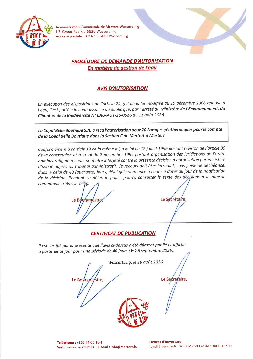 Procédure de demande d'autorisation en matière de gestion de l'eau_Copal Belle Boutique S.A._Section C de Mertert à Mertert