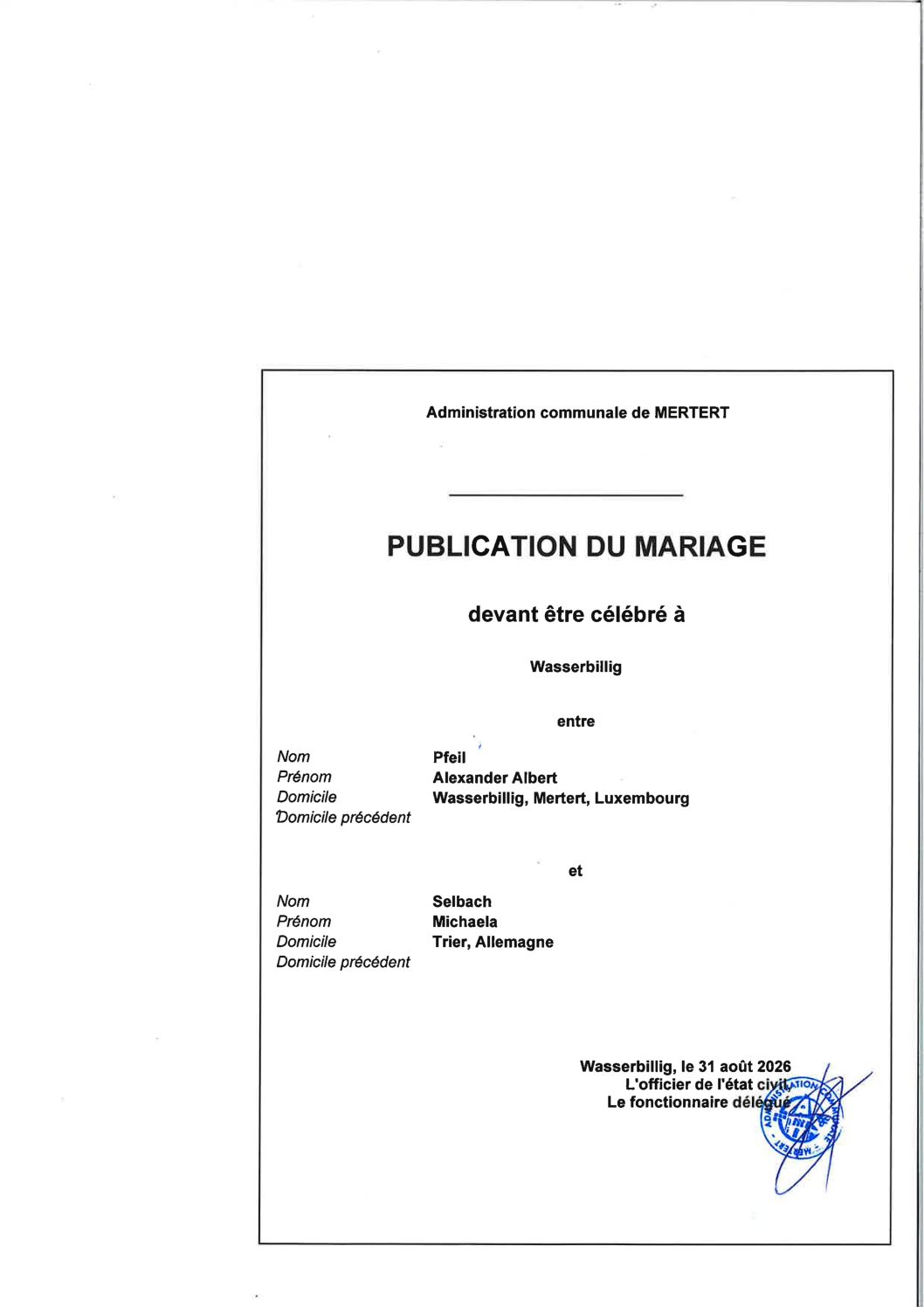 Publication de Mariage Pfeil Alexander-Selbach Michaela