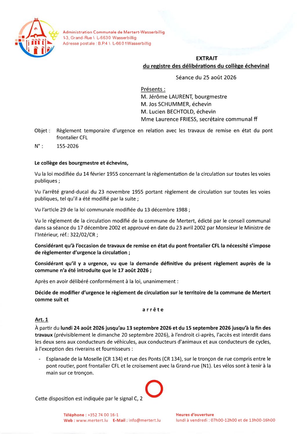 Règl. d'urg. en relation avec les travaux de remise en état du pont frontalier CFL