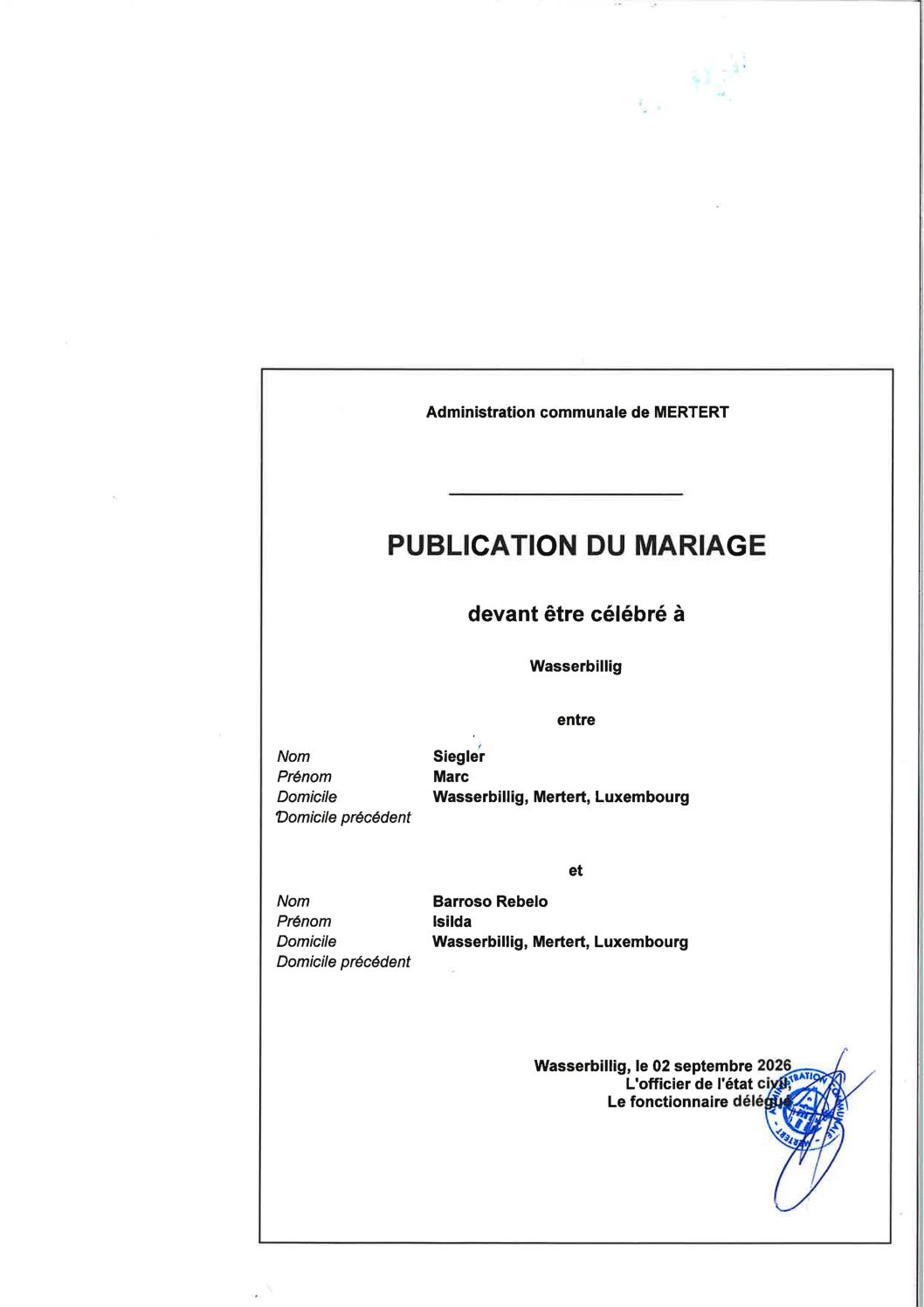 Publication de Mariage Siegler Marc-Barroso Rebelo Isilda