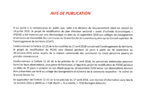 Avis de publication : projet de modification du plan directeur sectoriel ( zones d'activités économiques )