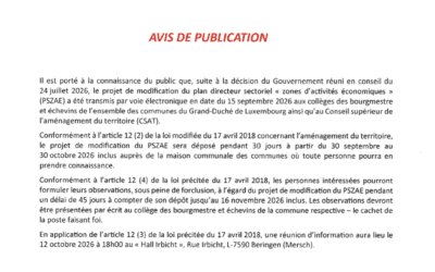 Avis de publication : projet de modification du plan directeur sectoriel ( zones d’activités économiques )