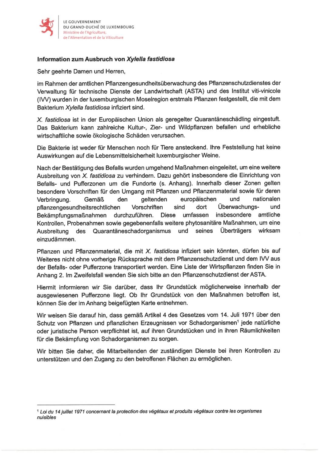 Information concernant l'apparition de Xylella fastidiosa