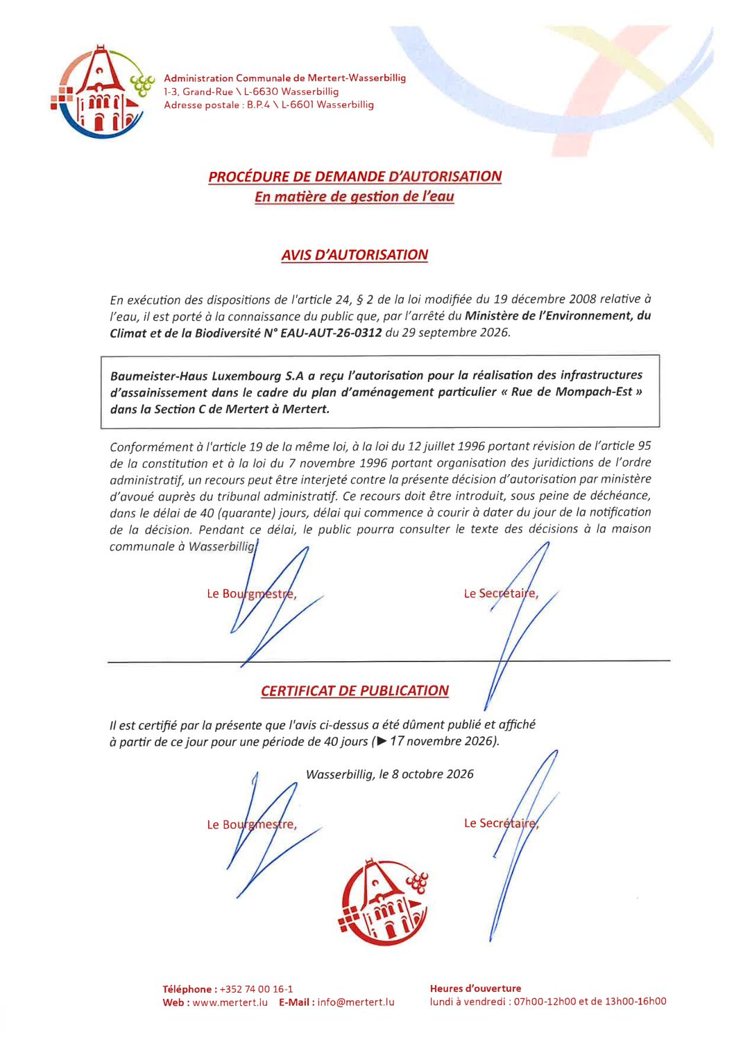 Procédure de demande d'autorisation_Baumeister-Haus Luxembourg S.A._rue de Mompach-Est dans la Section C de Mertert à Mertert