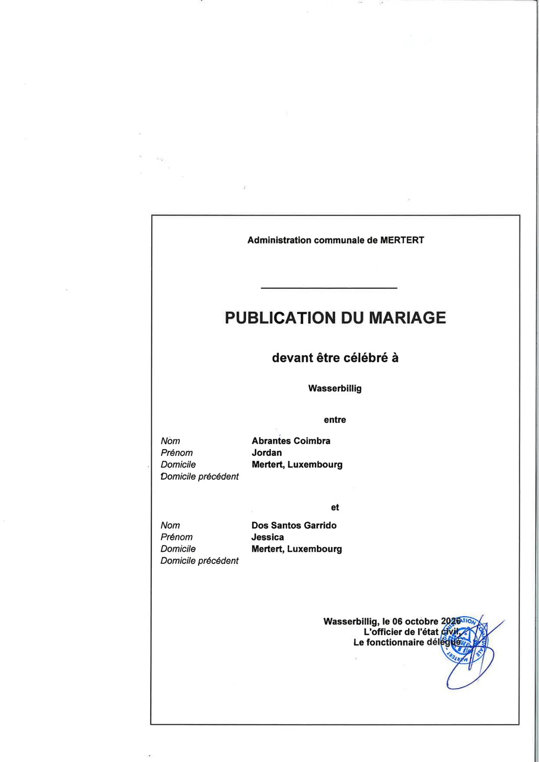 Publication de Mariage Abrantes Coimbra Jordan-Dos Santos Garrido Jessica