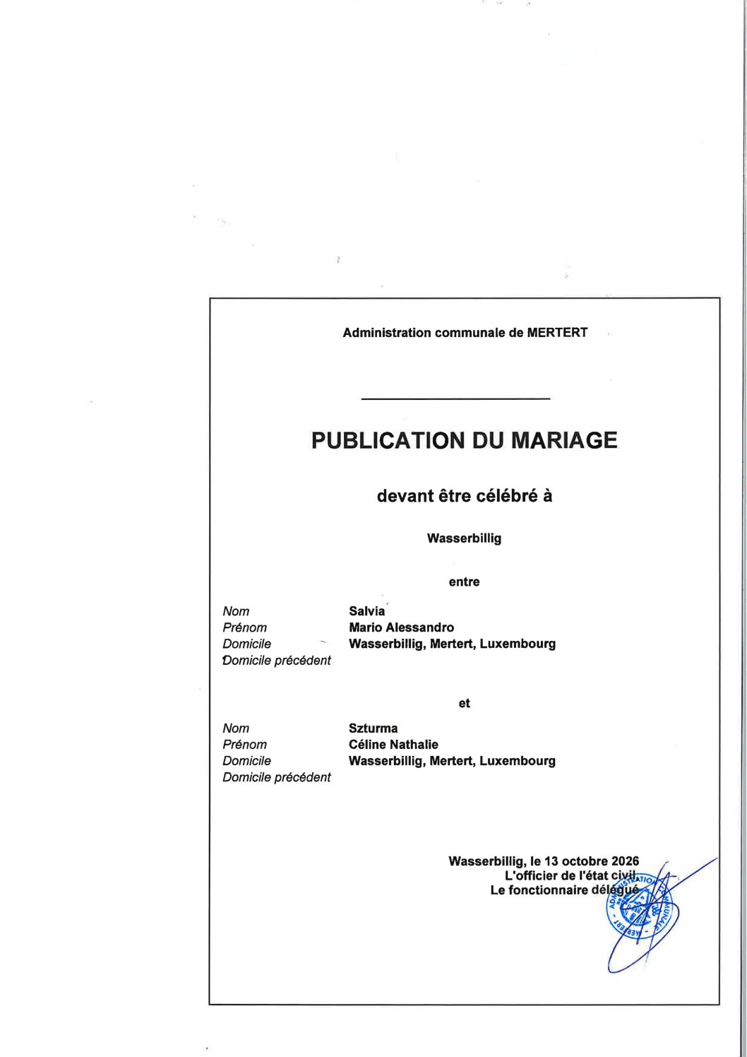 Publication de Mariage Salvia Mario-Szturma Céline