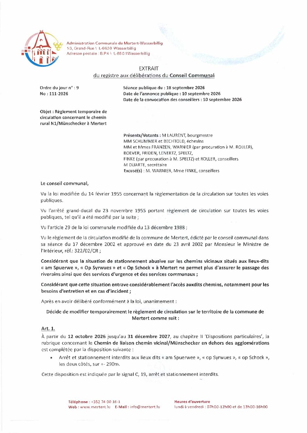 Règ_temp de circ. conernant le chemin rural N1Münschecker à Mertert
